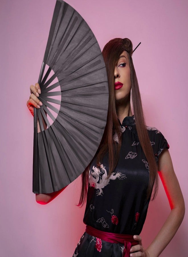 Quacc Large Folding Hand Held Fan Sturdy 13 Inches Nylon-Cloth Vintage Retro Fabric Big Rave Clack Fan for Line Dancing Chinese Kung Fu Festival Craft Dance Decoration Party Favors (Black) - Image 4